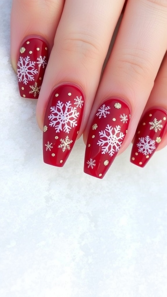 Classy winter Christmas nails with red base, white snowflakes, and gold glitter.